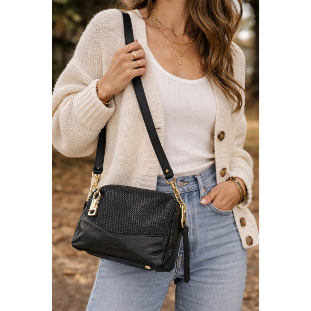 Rion Black Leather Crossbody Bag Gold Hardware Textured Front Zip Shoulder Purse